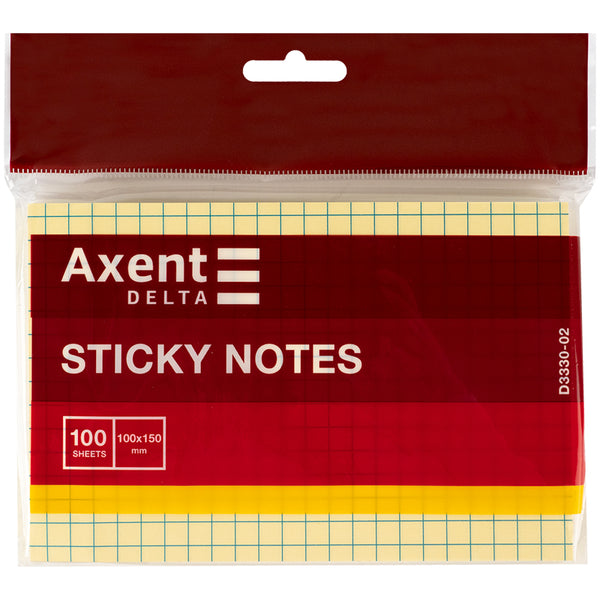 Блок бумаги с липким слоем Axent Delta D3330-02, 100x150 мм, 100 листов, клетка, жёлтый