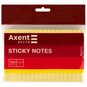 Блок бумаги с липким слоем Axent Delta D3330-01, 100x150 мм, 100 листов, линейка, жёлтый