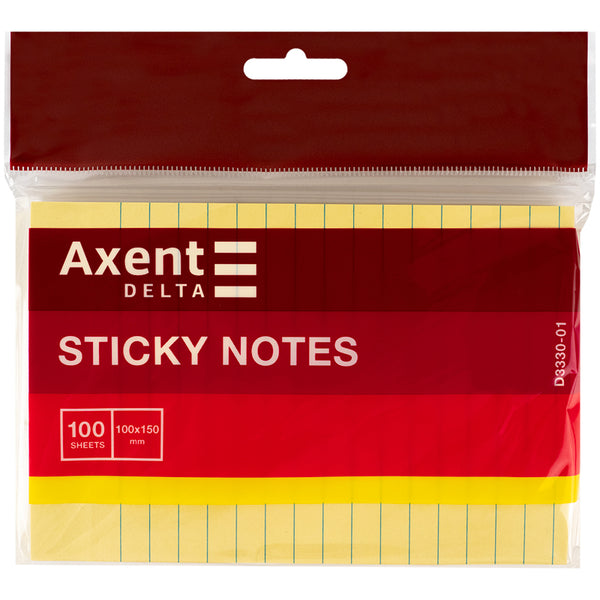Блок бумаги с липким слоем Axent Delta D3330-01, 100x150 мм, 100 листов, линейка, жёлтый