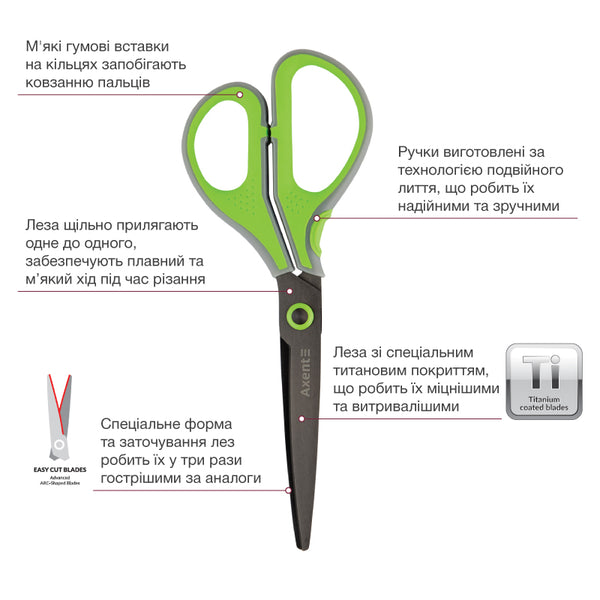 Ножницы Axent Titanium Lite 6406-09-A, 19 см, с прорезиненными ручками, серо-салатовые