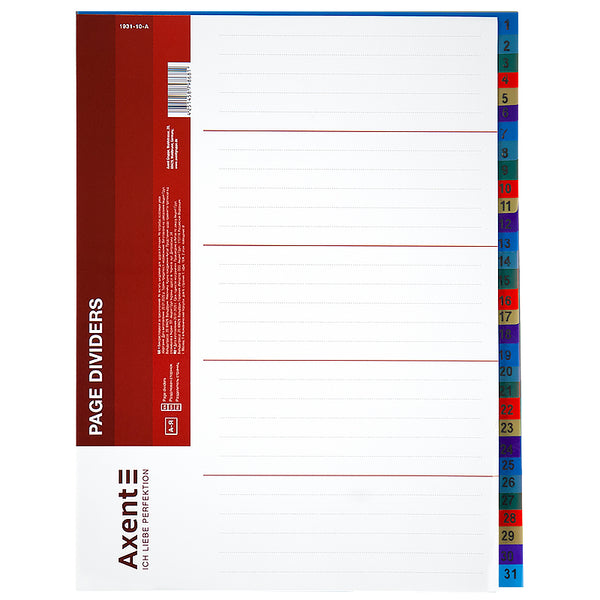 Розділювач сторінок Axent 1931-10-A, 1-31, кольоровий