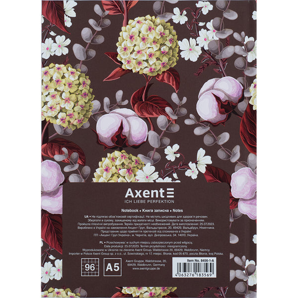 Книга записная Axent Bloom 8456-1-A, А5, 96 листов, клетка, твердая обложка, коричневая