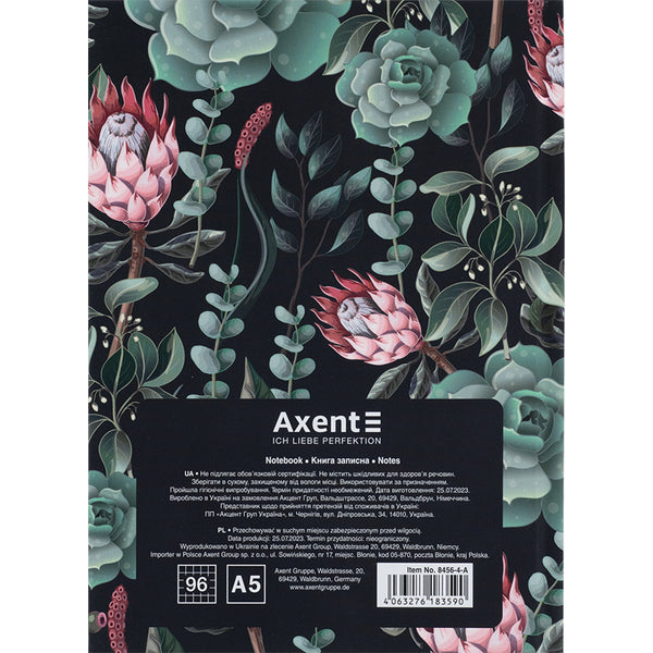 Книга записная Axent Bloom 8456-4-A, А5, 96 листов, клетка, твердая обложка, зеленая