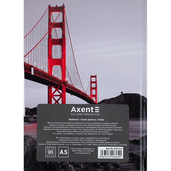 Книга записная Axent R&B Bridge 8457-3-A, А5, 96 листов, клетка, твердая обложка