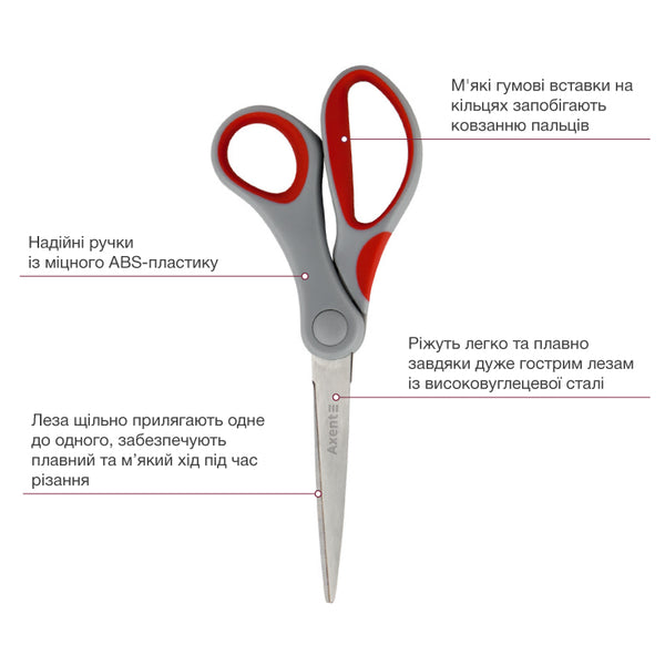 Ножницы Axent Duoton 6301-06-A, 18 см, с прорезиненными ручками, серо-красные