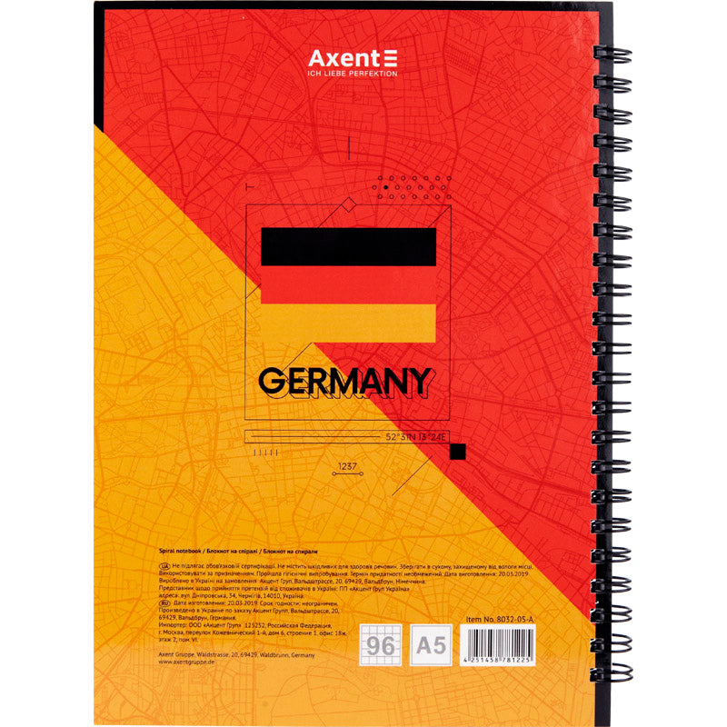 Блокнот на спирали Axent Flags Berlin 8032-05-A, A5, 145x210 мм, 96 листов, клетка, твердая обложка