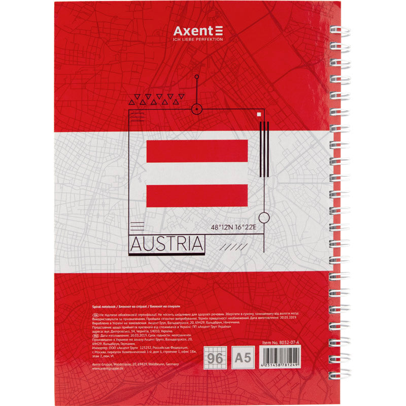 Блокнот на спирали Axent Flags Vienna 8032-07-A, A5, 145x210 мм, 96 листов, клетка, твердая обложка