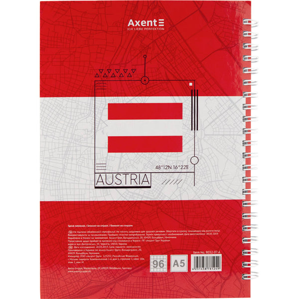 Блокнот на спирали Axent Flags Vienna 8032-07-A, A5, 145x210 мм, 96 листов, клетка, твердая обложка