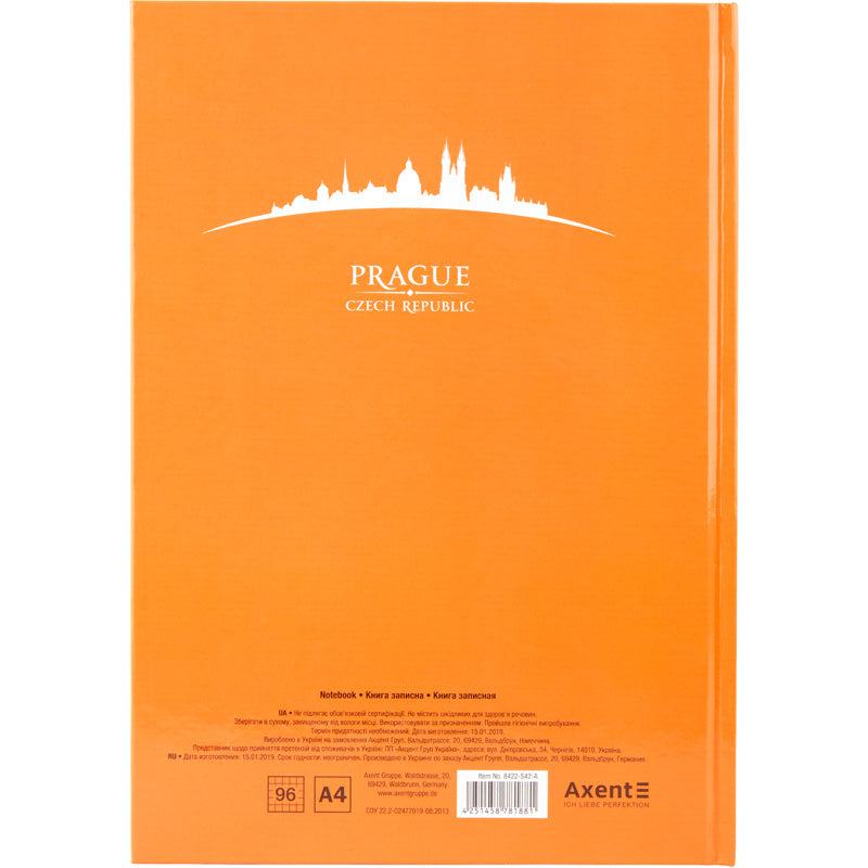 Книга записная Axent Maps Prague 8422-542-A, A4, 210x295 мм, 96 листов, клетка, твердая обложка, персиковая