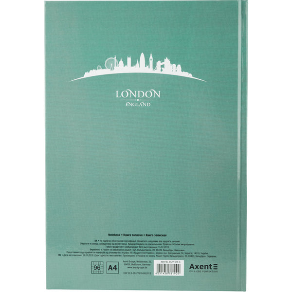 Книга записная Axent Maps London 8422-516-A, A4, 210x295 мм, 96 листов, клетка, твердая обложка, бирюзовая