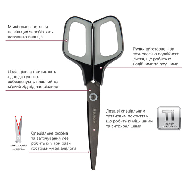 Ножницы Axent Titanium 6306-03-A, 19 см, с прорезиненными ручками, графитно-серые
