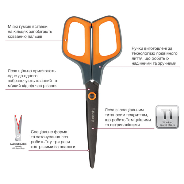 Ножницы Axent Titanium 6306-06-A, 19 см, с прорезиненными ручками, серо-оранжевые