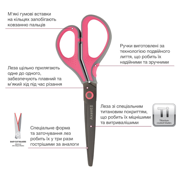 Ножницы Axent Titanium Lite 6406-02-A, 19 см, с прорезиненными ручками, серо-розовые