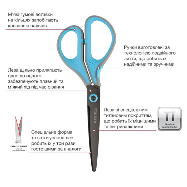 Ножницы Axent Titanium Lite 6406-05-A, 19 см, с прорезиненными ручками, серо-голубые
