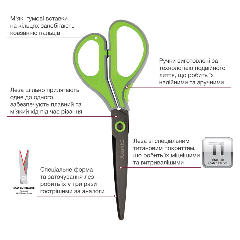 Ножиці Axent Titanium Lite 6406-09-A, 19 см, з прогумованими ручками, сіро-салатові