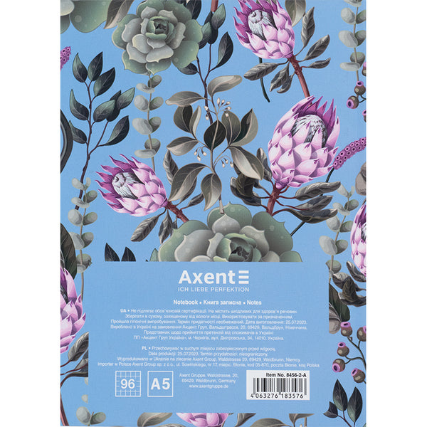 Книга записная Axent Bloom 8456-2-A, А5, 96 листов, клетка, твердая обложка, голубая