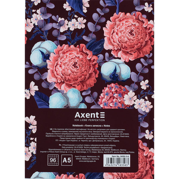 Книга записная Axent Bloom 8456-3-A, А5, 96 листов, клетка, твердая обложка, фиолетовая