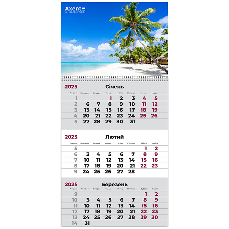Календарь настенный квартальный 2025 Axent Maldives 3 8801-25-3-A, 1 пружина