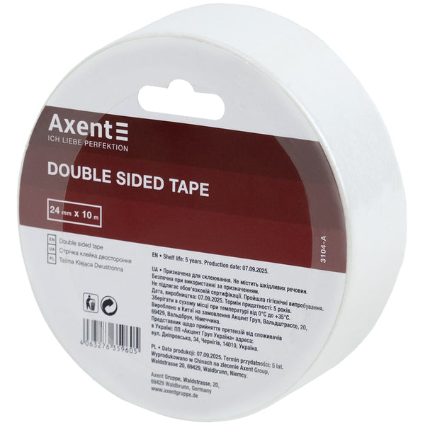 Стрічка клейка двостороння Axent 3104-A, 24 мм х 10 м, в індивідуальному пакуванні