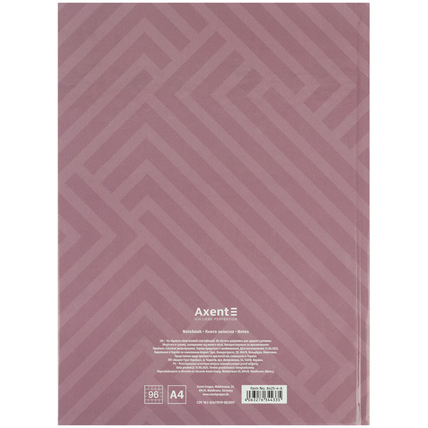 Книга записна Axent Pattern 8425-4-A, А4- 203*273 мм, 96 аркушів, клітинка, рожева