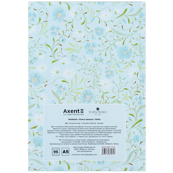 Книга записна Axent Turnowsky Floral 2 8457-11-A-TR, А5, 96 аркушів, клітинка, тверда обкладинка