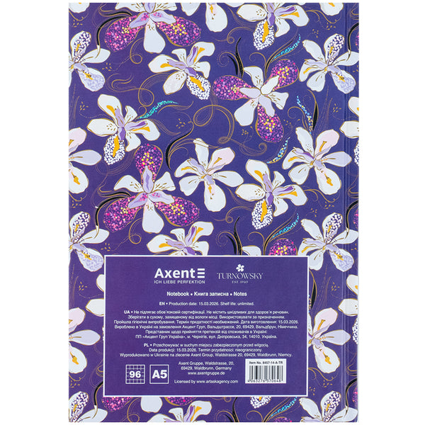 Книга записная Axent Turnowsky Floral 5 8457-14-A-TR, А5, 96 листов, клетка, твердая обложка
