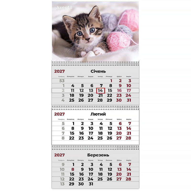 Календарь настенный квартальный 2027 Axent Cats 1 8803-27-7-A, 3 пружины