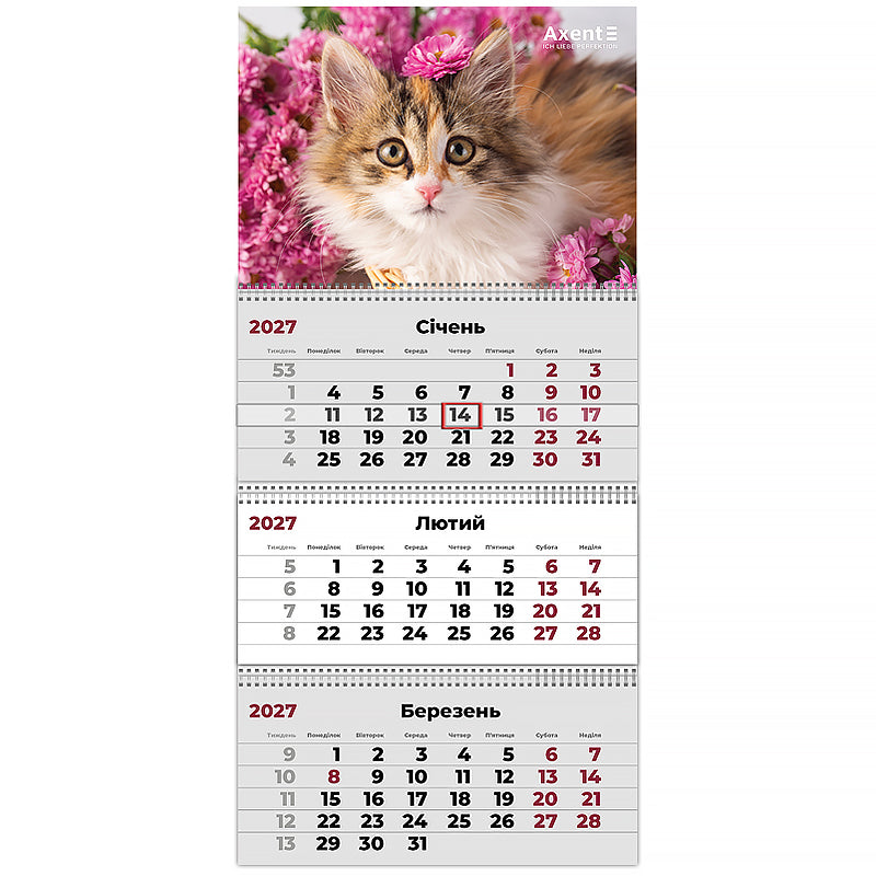 Календарь настенный квартальный 2027 Axent Cats 3 8803-27-9-A, 3 пружины
